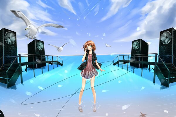 Anime girl at sea with speakers and seagulls