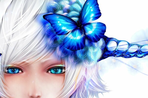 A blonde girl with a hairstyle decorated with blue butterflies and horns