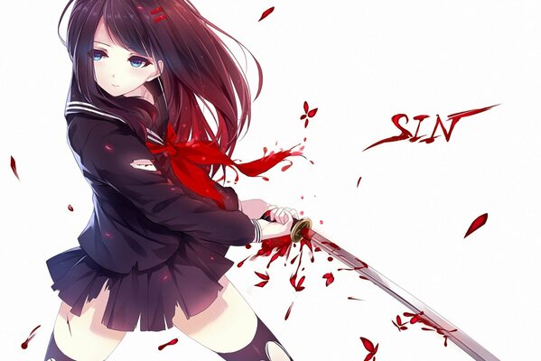 Anime girl with a sword in her hands on a white background with red butterflies