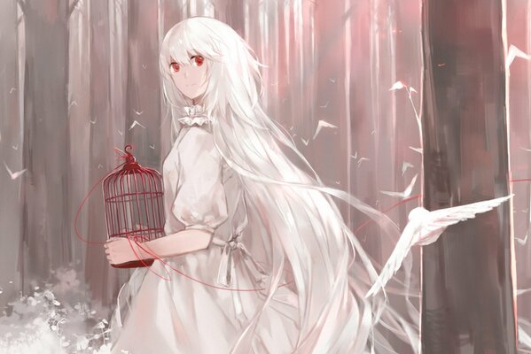 Anime girl en robe blanche tient une cage avec un fil rouge dans la forêt