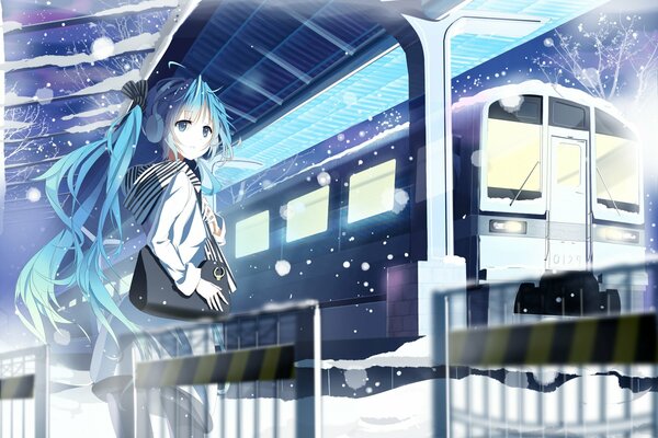 Art sjii vocaloid. dziewczyna w pobliżu stacji w pobliżu pociągu z torbą na tle zimy