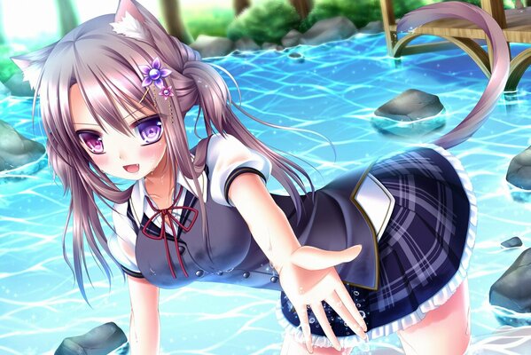 Anime dziewczyna kot w rzece