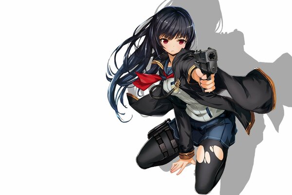 Girl with a gun on a white background
