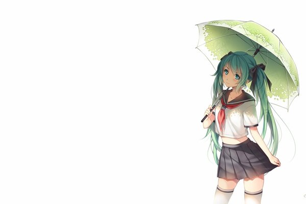 Anime drawing of a schoolgirl with green hair and under a green umbrella