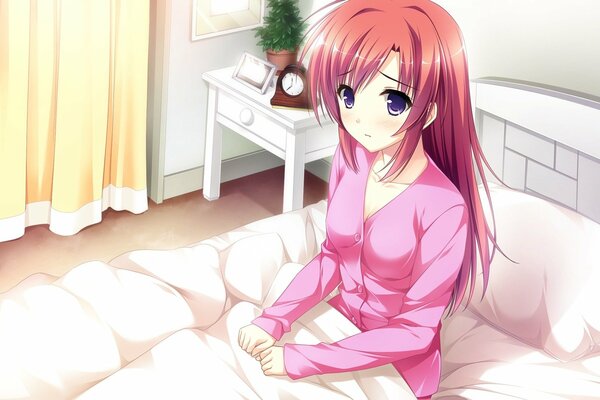 Anime girl réveillé dans le lit