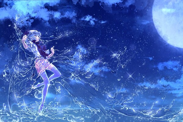 Anime fille dans l eau dans la nuit de la lune