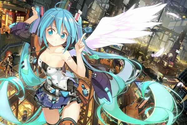 A young girl with blue hair in a futuristic dress and with grove wings soars over the city