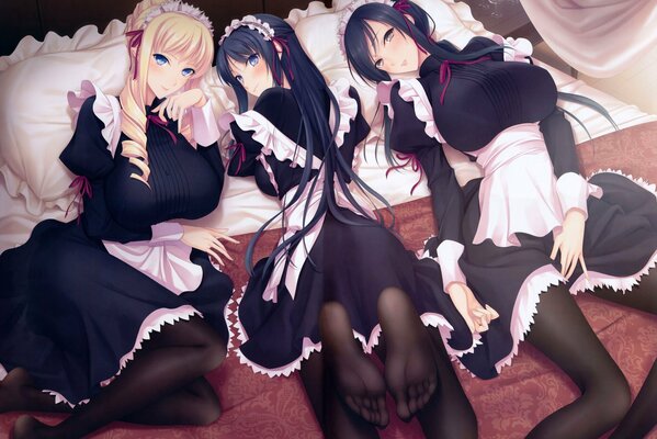 Maids on the bed in different poses