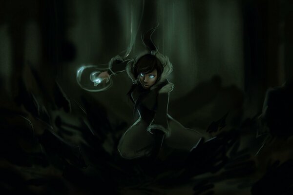 Art Legend of korra. Écorce dans la forêt sur fond sombre