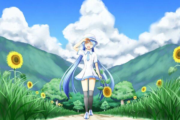 Chica de anime en el camino en el campo con girasoles