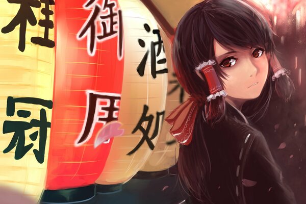 Dibujo de una mujer japonesa en el fondo de las linternas