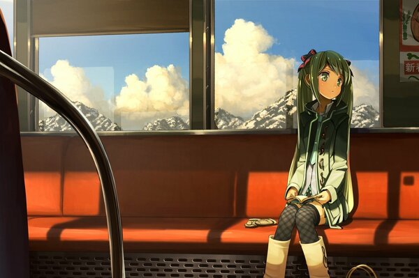 Arte Vocaloid Hatsune Miku poster sedile guanti treno nuvole