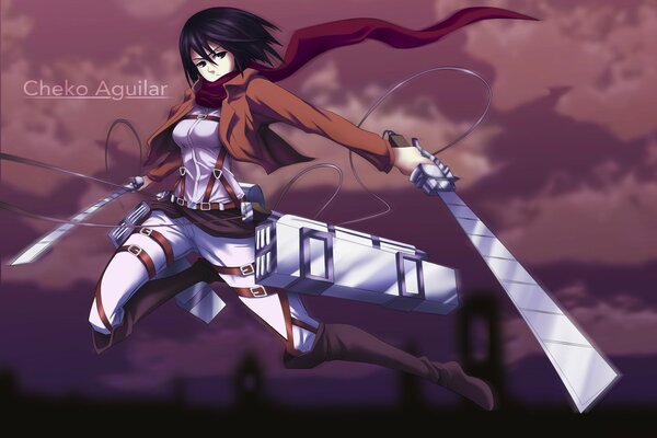 The girl mikasa Akerman. malicious look and flight. blades. city of soldiers