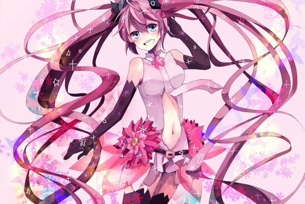 Anime girl in pink with flowers