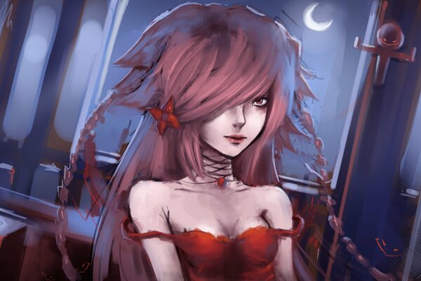 Anime rysunek dziewczyny wampira w czerwonej sukience