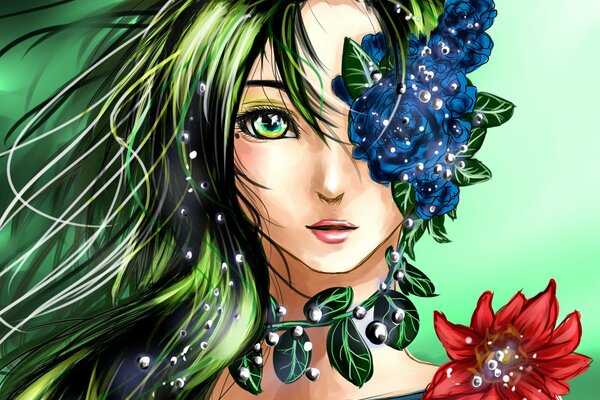 Portrait d une fille anime avec des cheveux verts