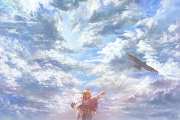 Anime girl se trouve sur le fond des nuages et regarde comme un oiseau s envole