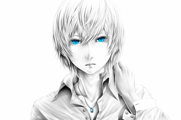 Satoshi guy with blue eyes in black and white