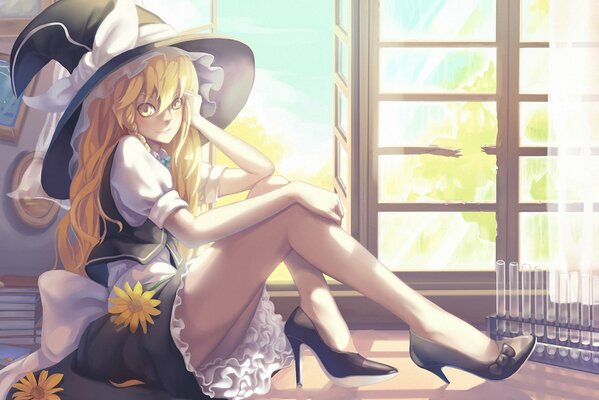 Anime girl in a hat sitting on the floor