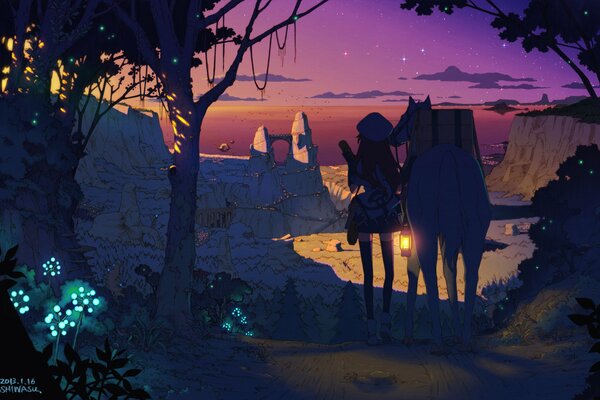 Ragazza e cavallo al tramonto