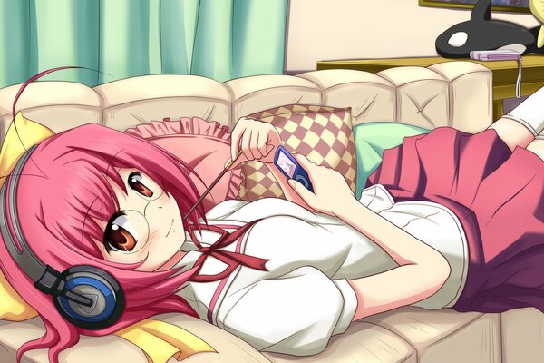 Anime girl with pink hair wearing glasses listens to music with headphones on the couch