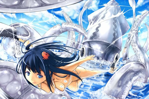 Anime girl swims away from a huge octopus