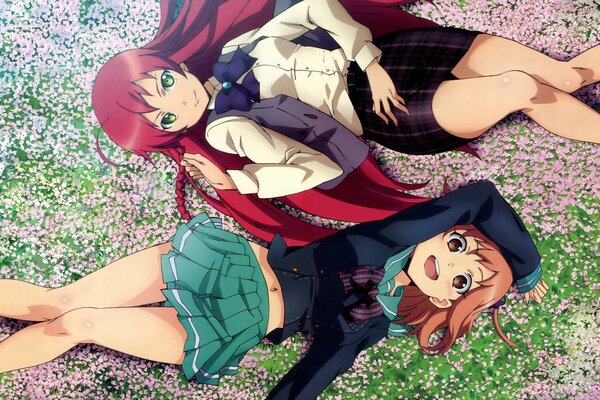 Anime: jóvenes colegialas en una alfombra de flores