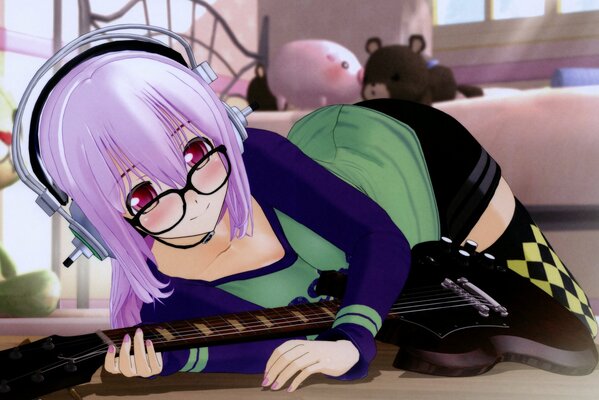 The girl with glasses lay down on the floor with a guitar