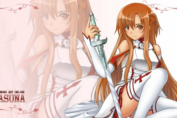 Yuki Asuna con una espada sobre un fondo blanco