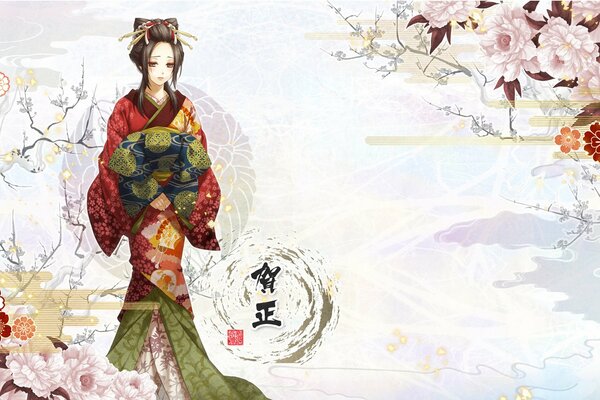 Fille en kimono et fleurs roses