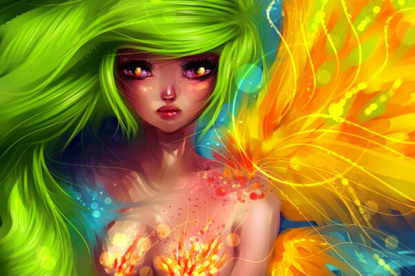 Arte hermosa sirena con cabello verde olas amarillas