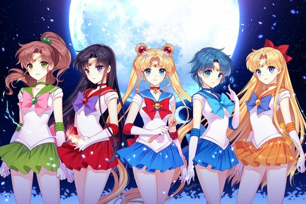 Five sailor moon on the background of the moon