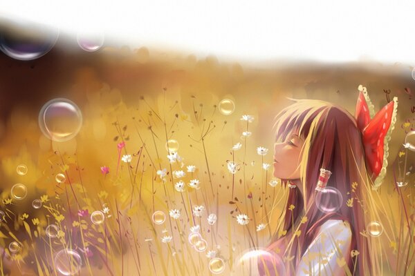 Anime girl in profile among flowers