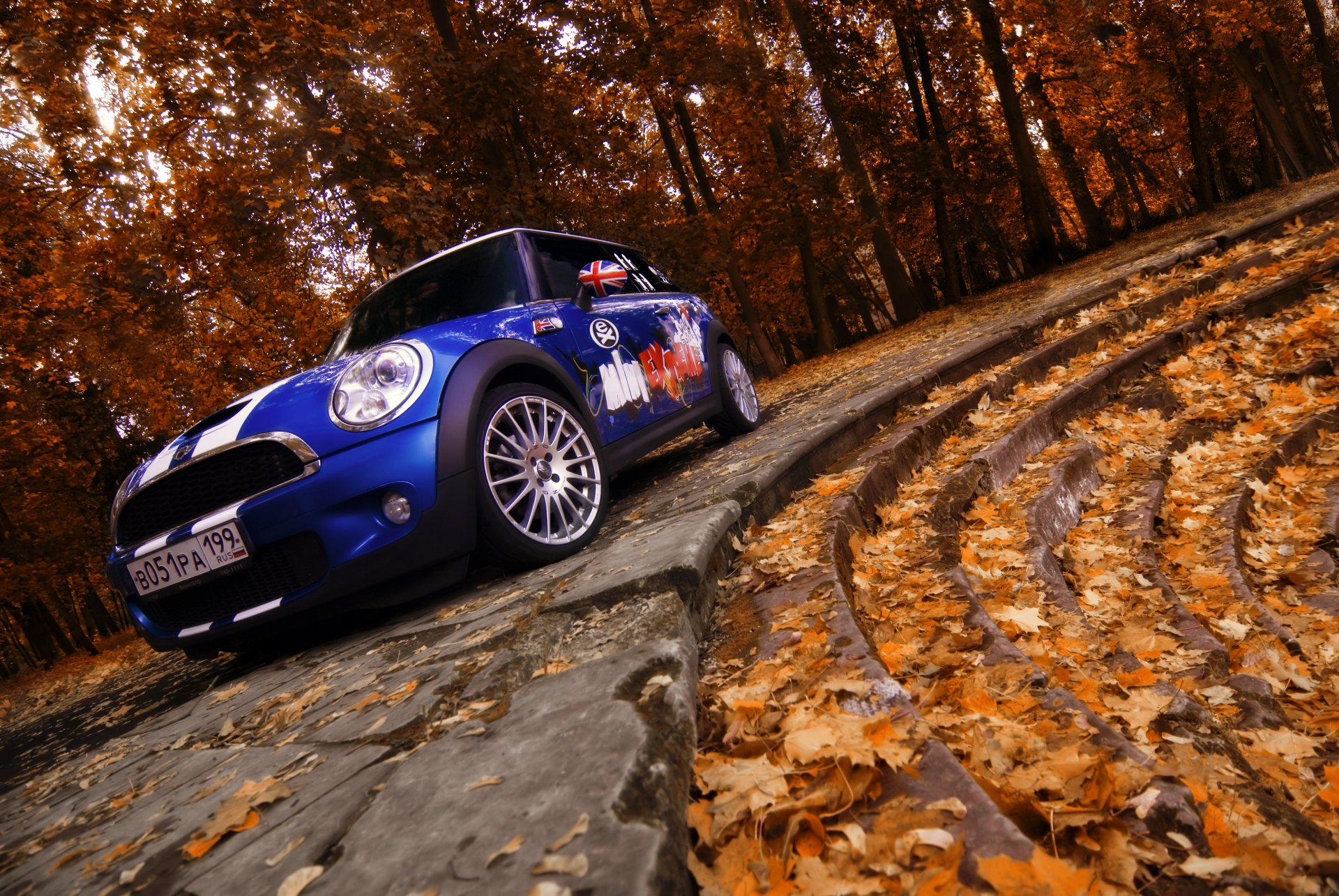 mini cooper treppe herbst blätter bäume