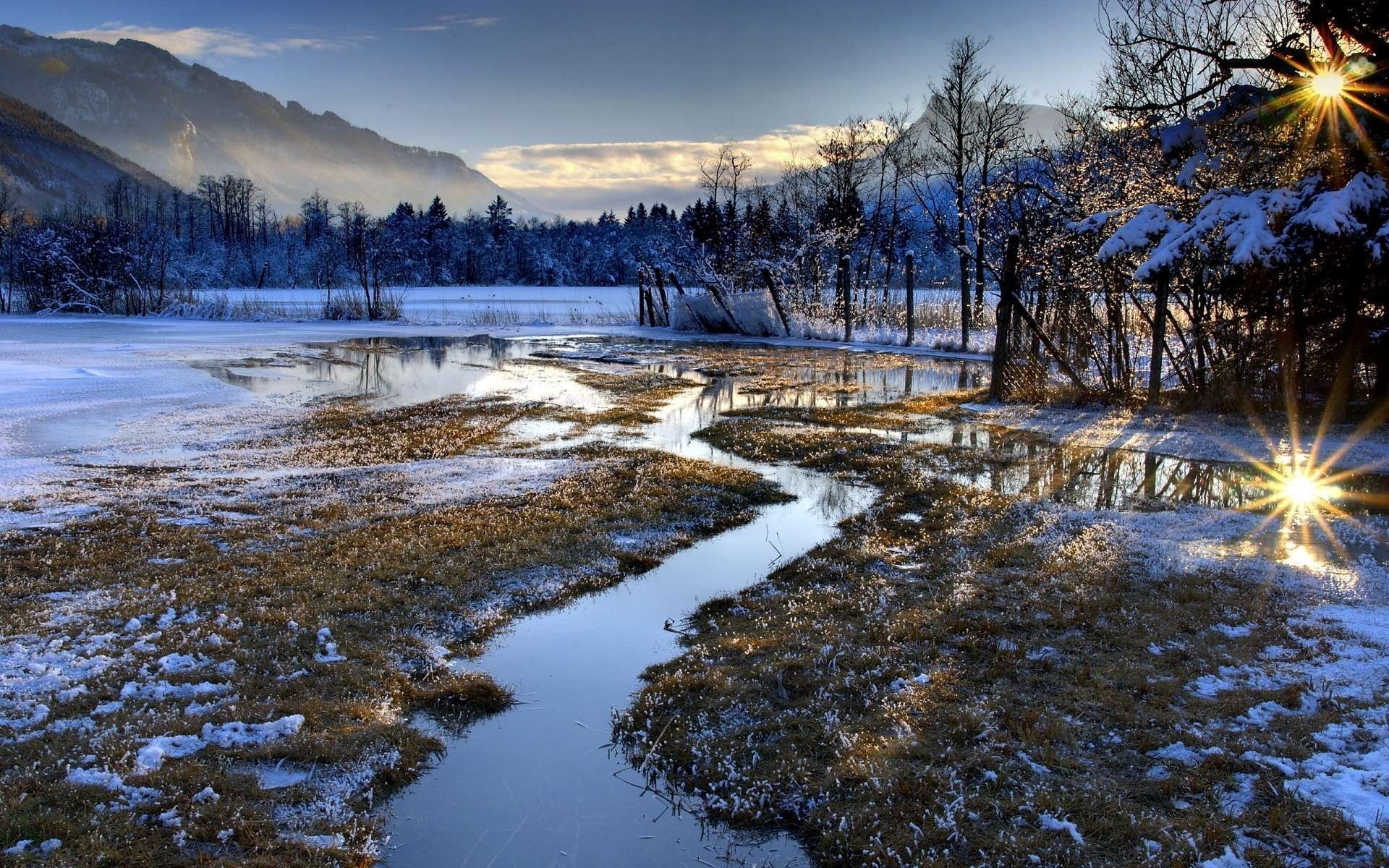 paysage rivière montagnes hiver