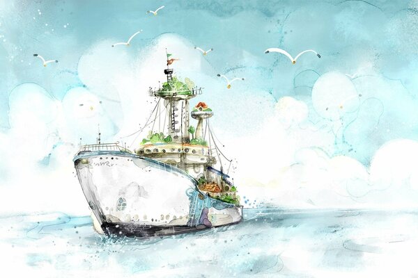 A painted ship surrounded by seagulls