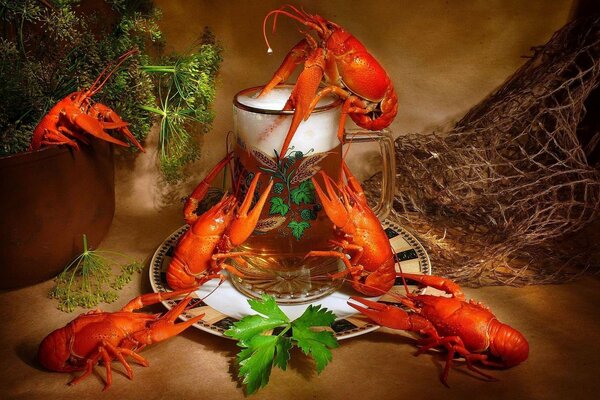 Crayfish for beer and greens set for relaxation