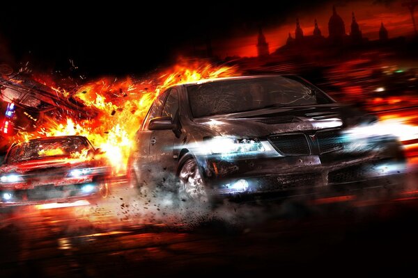 Persecución en la mejor tradición de nfs. Persecución, fuego, velocidad increíblemente hermosa y fascinante