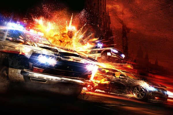 Drawing of a police chase with an explosion