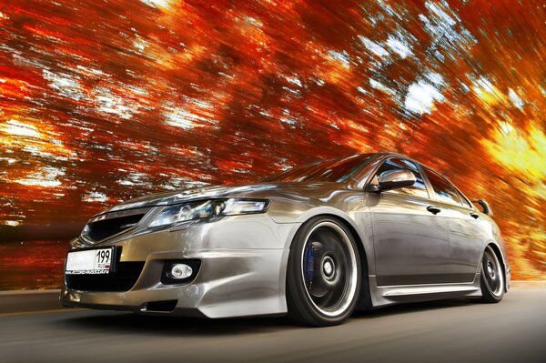 HONDA ACCORD FLIES ALONG THE AUTUMN ROAD AMONG THE LEAVES