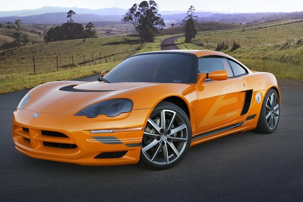 Orange sports car rides on a winding road