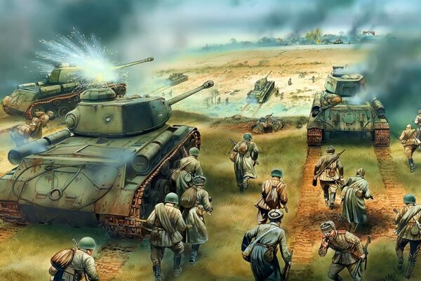 Tank offensive of Red Army soldiers