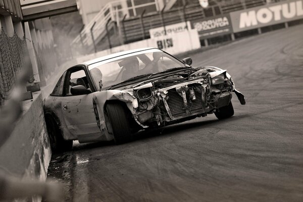 Nissan after the accident , drift. Black and white picture