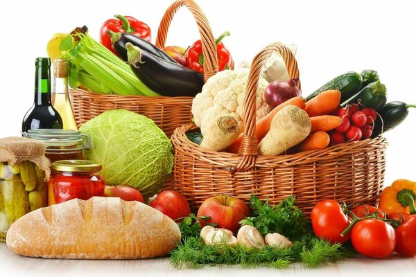 Vegetable basket, with bread and wine