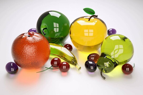 3d fruit still life made of glass on a white table