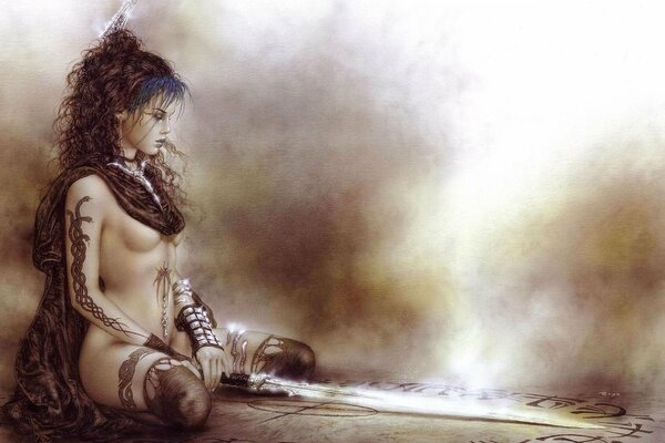 Prawie naga dziewczyna z długimi włosami siedzi z mieczem na ziemi w biało-brązowej mgle