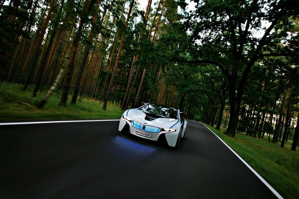 Voiture bmw blanc sur la piste dans la forêt