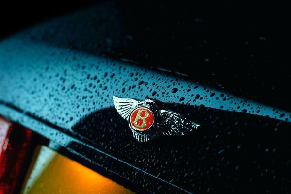 Logo samochodu Bentleya. Krople deszczu na samochodzie