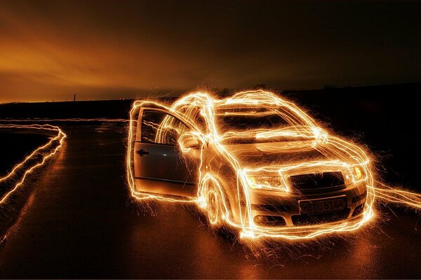 Sparkling and fiery car on the road