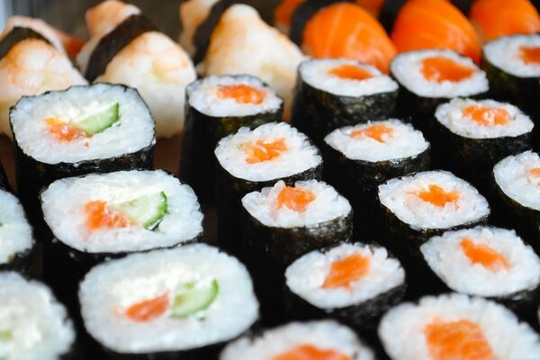 A large selection of seafood sushi